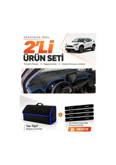 E-biz Toyota Yaris Cross 2022-2025 Uyumlu Torpido Örtüsü + Tay Tüyü Çanta - Siyah-mavi - To029