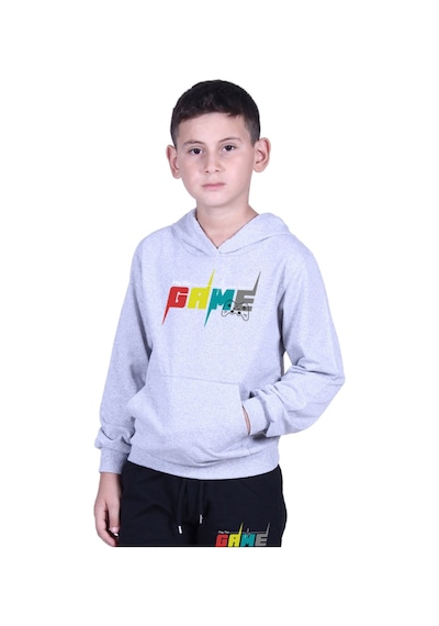 Fyk Kids Kapüşonlu Kanguru Cepli Game Baskılı Erkek Çocuk Eşofman Takımı Gri - Siyah