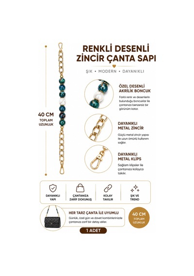 Vollen Yarn İnci Boncuklu Çanta Sapı 40 Cm 1 Adet Metal Klipsli Çanta Askısı Çanta Aksesuarı 6