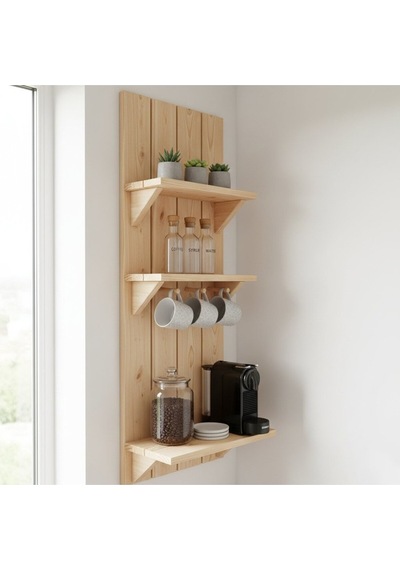 Wooddesign Masif Göknar Ahşap Kahve Köşesi - 100x40 Cm Barista Duvar Rafı Ve Kupa Askılığı Diğer