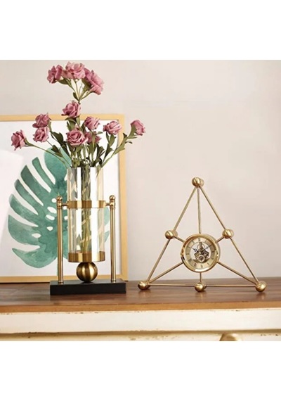 Üçgen Moleküler Tasarım Iskelet Mekanizmalı Gold Metal Masa Saati 35x30 Cm - Çarklı Lüks Ofis Çalışma Masası Aksesuarı