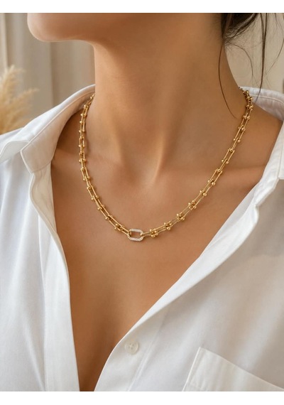 Gold Zincir Tek Halka Zirkon Taşlı Çelik Kolye Altın