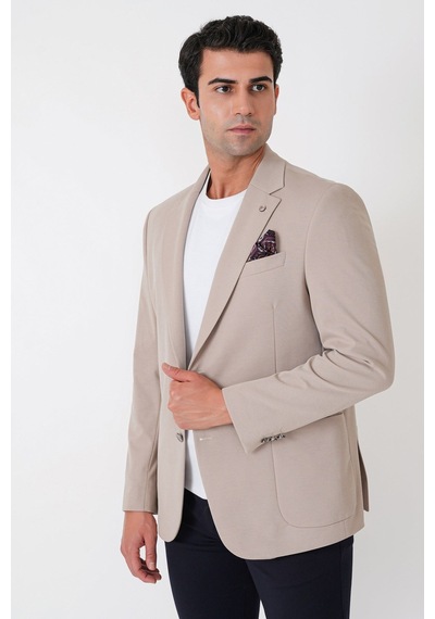 Comfort Fit Çift Yırtmaç Torba Cep Metal Düğmeli Bej Blazer Ceket C 734
