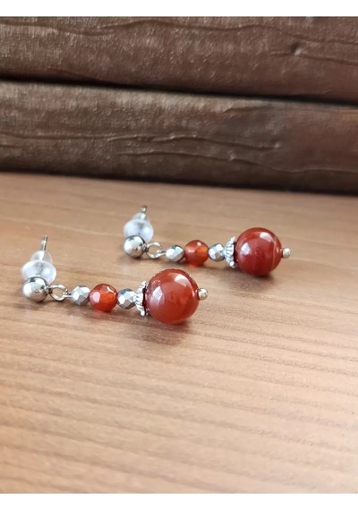 Doğaltaş Akik Taşı Sallantılı Çelik Küpe Kırmızı