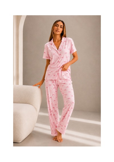 Fit Women Kadın Kısa Kol Rahat Kalıp Şık Pembe Pijama Takımı
