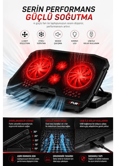 Fury E-sport Laptop Soğutucu 4 Fanlı Ayarlanabilir Dizüstü Bilgisayar Soğutma Fanı