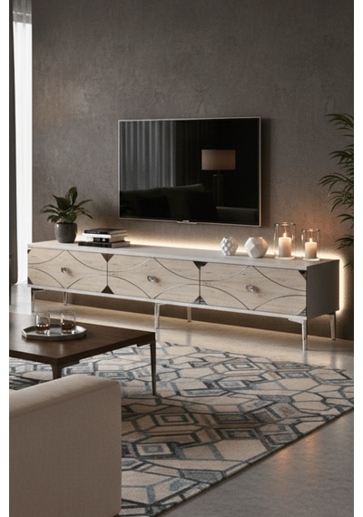 Tsa1897bts - Alfa Tsa180 Tv Stand, Tv Sehpası Ve Tv Ünitesi Beyaz - Traverten - Sılver 180cm