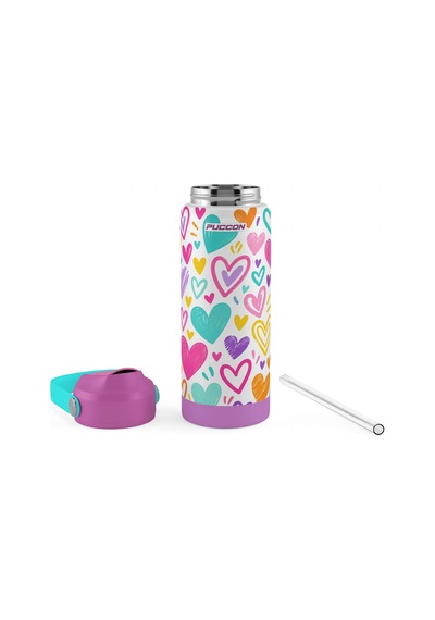 Puccon 540 Ml Renkli Kalpler Desenli Beyaz - Mor Kız Çocuk Pipetli Çelik Termos Matara/suluk - 60063