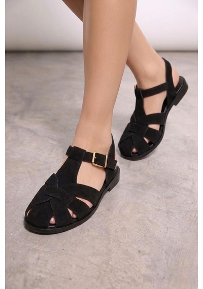 Fox Shoes Y250333302 Siyah Süet Kadın Sandalet
