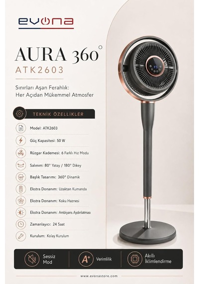 Aura 360, 6 Kademeli Hız Ayarlı Akıllı Vantilatör, 360 Derece Salınım / 80 Yatay Salınım, 180 Dikey Salın