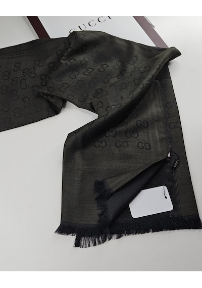Miorel Scarfs İnce Kumaş G Desen Pamuklu Şal Yün İpek Şal 4 Mevsim Çift Taraflı Haki