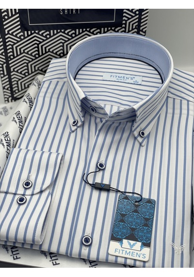Slim Fit Uzun Kol Premium Kalın Çizgili Yaka Düğmeli Hediye Kutulu Kolay Ütülenebilir Erkek Gömlek Fs-001375 - Beyaz Açık Mavi-1494