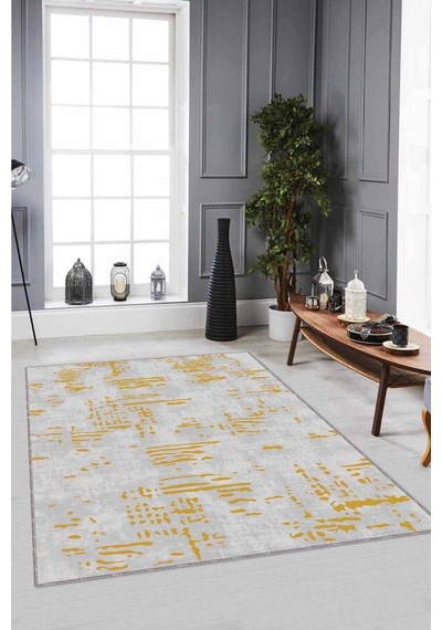 Sarı Vintage Kaymaz Tabanlı Makinede Yıkanabilir Halı Dr006n11