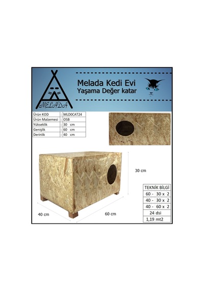 Melada Kedi Evi Dış Ortam Uygun Ahşap Kedi Evi Osb 60x40x30 Cm