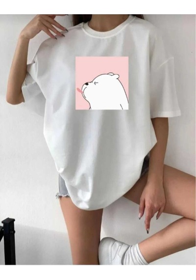 Kozia Outdoors Malkoçbey Sevimli Ayı Baskılı Oversize Basic T-şhirt Beyaz Beyaz