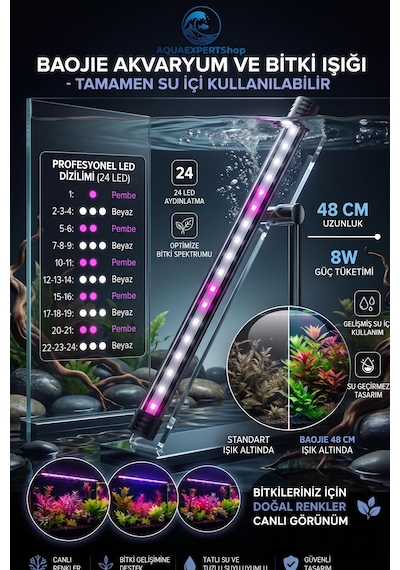 Baojie Akvaryum Işığı - Bitki Işığı - Balık Işığı - Tamamen Su Içinde Kullanılabilir - 24 Led - Pembe Beyaz - 48 Cm - Güçlü Aydınlatma - 8w