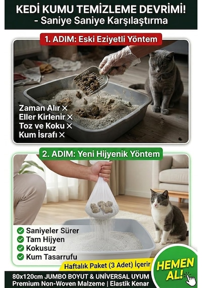 3'lü Elekli Kedi Kumu Filtresi Poşeti 80x120 Cm Jumbo Boy , Lastikli Ve Yırtılmaz Kedi Tuvaleti Temizleme Filesi, Açık Ve Kapalı Kedi Tuvaletleri İle Uyumlu Pratik Elek