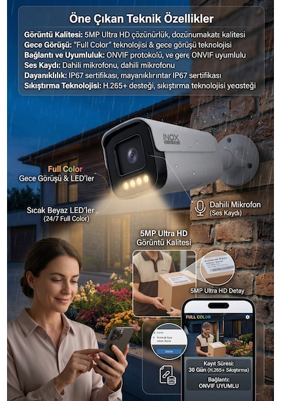 İnoxdigital Inox-x207 5mp Ip Kamera Full Renkli Gece Görüşlü Onvıf Dış Mekan Yüksek Çözünürlüklü