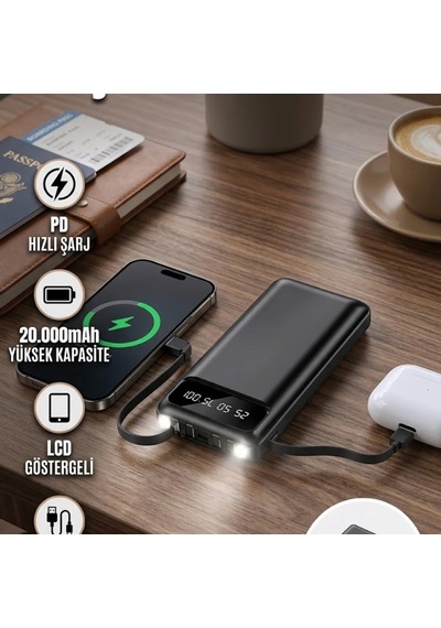 20.000mah Pd Hızlı Şarj Destekli Lcd Ekranlı Powerbank Çift Usb Led Işıklı Renkli