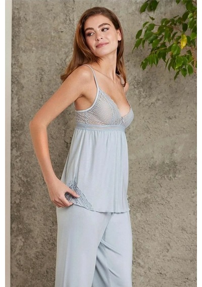 Pierre Cardin 2820 Kadın Mist Dantelli Penye 3'lü Sabahlıklı Pijama Takım 001