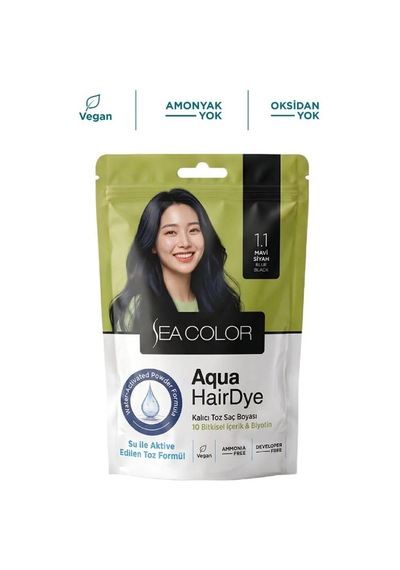 Sea Color Aqua Hair Dye Vegan & Amonyaksız Su İle Aktive Edilen Kalıcı Saç Boyası Toz 1.1 Mavi Siyah
