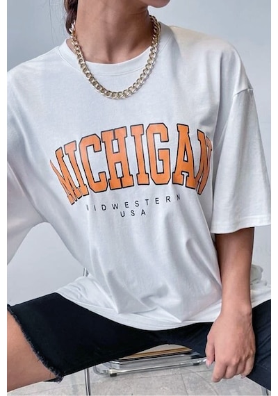 Blackjack Giyim Blackjackgiyim Kadın Beyaz Oversize Michigan Baskılı Tshirt Beyaz