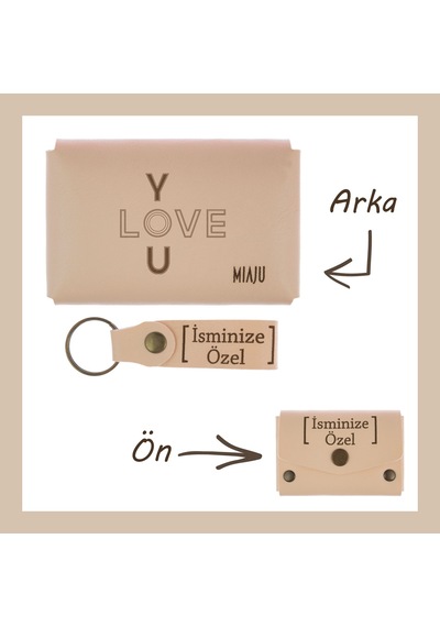 Miaju Pudra Renk, I Love You Temalı, İsme Özel Cüzdan Ve Anahtarlık Set, Ona Çok Özel, Unutulmaz Hatıra Pudra