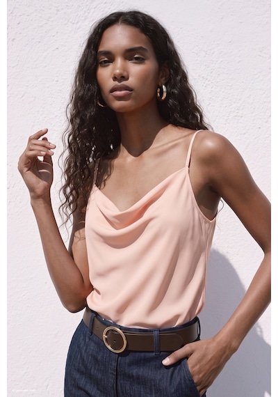 Sateen Askılı Degaje Yaka Bluz - Pudra-137668