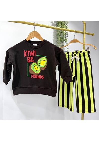 Kiwi Best Friends Baskılı Sweatshirt Ve Çizgili Eşofman Altı Unisex Alt Üst Takım Siyah