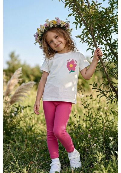 Zuzunga Cute Flower Baskılı Kız Çocuk Takımı Pembe Taytlı Fuşya