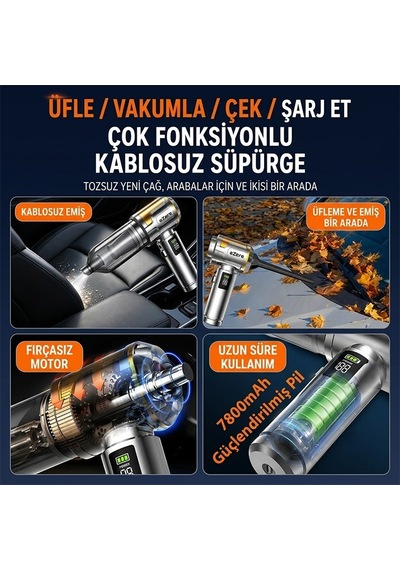 Ezere Nanovac 22000pa Güçlü Portatif Vakumlu Kablosuz Üflemeli Mini Araç Süpürgesi