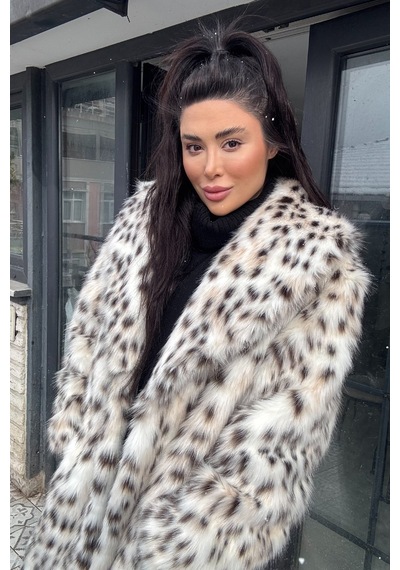 Açelyaokcu Premium İngiliz Yaka Mob Wife Suni Kürk Maxi Kadın Kaban Leopar