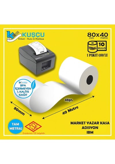 10 Adet 80x40 Tse Belgeli - 1. Kalite - Bpa İçermeyen - Pos,adisyon,yazar Kasa,bilgi Fişi,ıbm