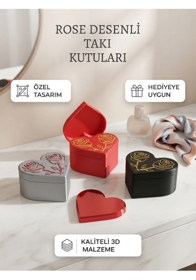 Rose Desenli Takı Kutusu Ve Kalp Formunda Dekoratif Aksesuar Kabı Kırmızı - Siyah
