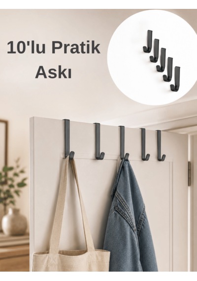 Beylini 10'lu Pratik Askı Kapı Banyo Mutfak Düzenleyici Askı Seti Pratik Kanca Askılık Basit Pratik Tak Çıkar Antrasit