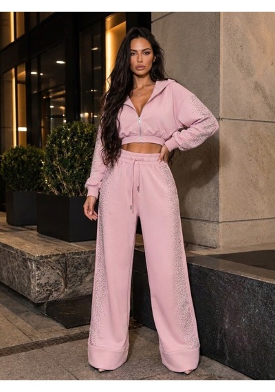 Hazego Kadın Taş Baskı Detaylı Fermuarlı Crop Sweatshirt Ve Geniş Paça Eşofman Takımı Pembe Hazego Kadın Taş Baskı Detaylı Fermuarlı Crop Sweatshirt Ve Geniş Paça Eşofman Takımı Pembe
