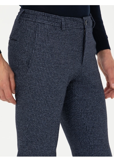 Cacharel Lacivert Ex. Slim Fit Yün Kaşmir Karışımlı Beli Bağcıklı Çizgili Kumaş Pantolon