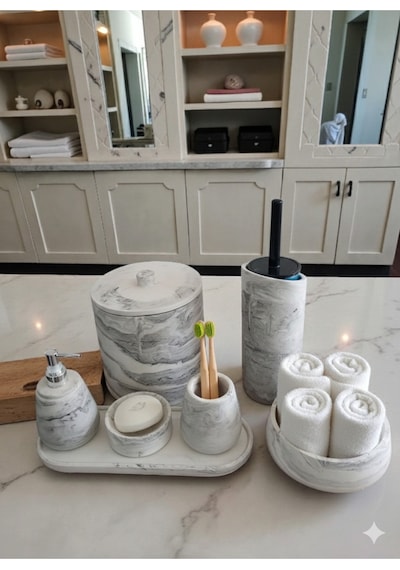 Mermer Desen Tam Beton Banyo Seti Tuvalet Wc Sıvı Sabunluk Diş Fırçalığı Aksesuar Takım Gri