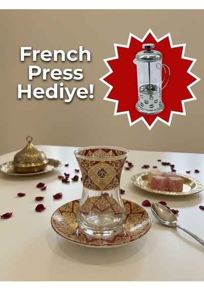 Topkapı 6 Kişilik Çay Seti, French Press Hediyeli, 9 Farklı Osmanlı Desenli Çay Bardağı Takımı 6, Topkapı Gold Çok Renkli