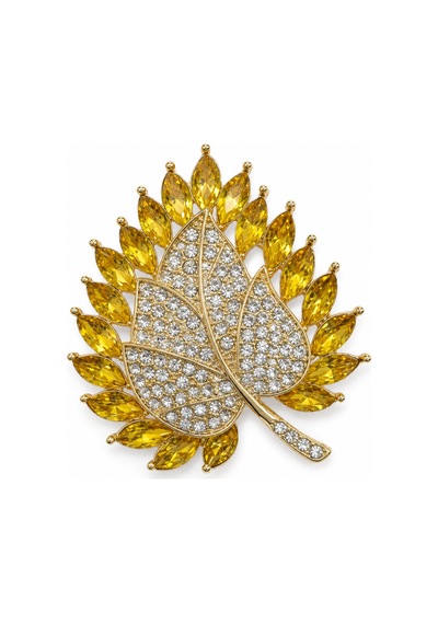 Hediye Sarı Taşlı Yaprak Kadın Broşu Gold Renk Kristal Taş Detaylı Açık Gri