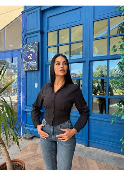 WeShaya Siyah Desenli Polyester Parçalı Gömlek Siyah