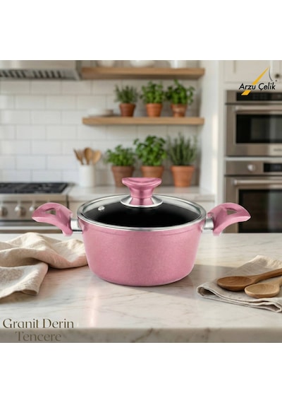 18 Cm Granit Derin Tencere Cam Kapak - Mürdüm Mürdüm