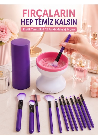 12 Li - 980 - Makyaj Fırça Seti Ve Elektrikli Fırça Temizleme Cihazı Avantajlı İkili Makyaj - Spt-gld - Bakım Seti
