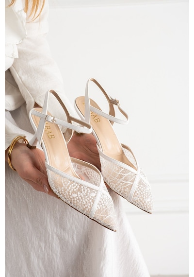 Dabab Shoes Laceva Kadın Beyaz Dantel Detaylı Sivri Burun 6 Cm Topuklu Slingback Ayakkabı
