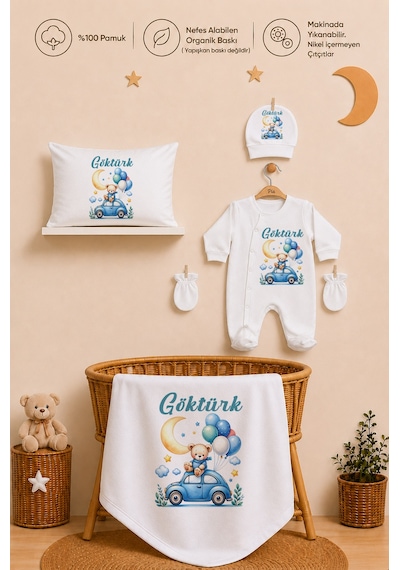 Pia Baby İsme Özel 5 Parça Erkek Bebek Hastane Çıkışı Tulum Seti %100 Pamuk Organik Baskılı 1056tyb3x Ekru