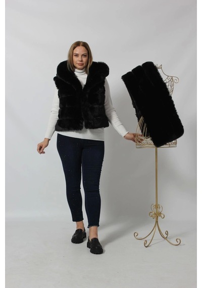Moda Berray Etekten Kısalabilen Kapüşonlu Lüks Suni Kürk Yelek Siyah