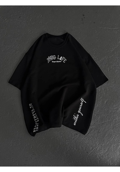 Baskılı Oversize T-shirt - Siyah -Çok Renkli