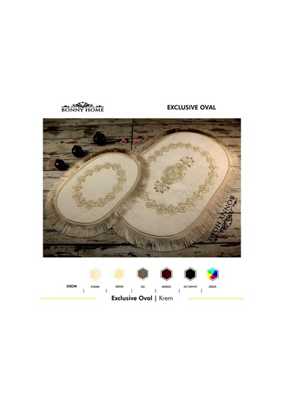 Exclusive Oval Krem 2'li Dantelli Ve Saçaklı Banyo Paspası Püskül Krem