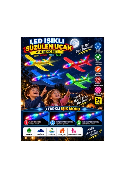 4 Lü Led Işıklı Köpük Uçak Seti Sarı, Kırmızı, Mavi & Yeşil Hafif Dayanıklı Fırlatma Uçağı Açık Hava Oyuncağı - 922589726