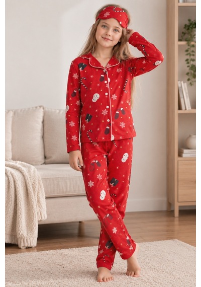 Free Beka Yılbaşı Desenli Uzun Kollu Önden Düğmeli Gömlek Yaka Kız Çocuk Pijama Takımı Kırmızı Free Beka Yılbaşı Desenli Uzun Kollu Önden Düğmeli Gömlek Yaka Kız Çocuk Pijama Takımı Kırmızı